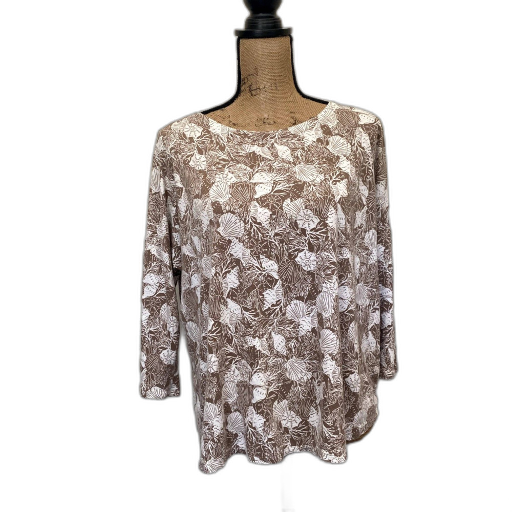 J. Jill Linen Blend 3/4 Sleeve T-Shirt Tan Neutral Seashell Print Size Large